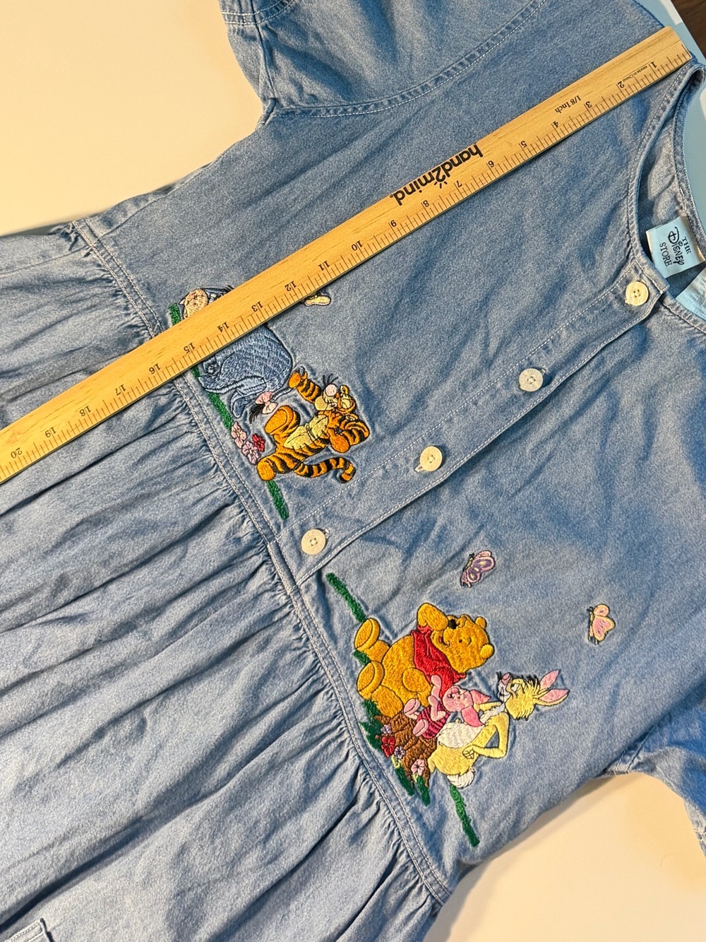 Disney | 90s Vintage Winnie the Pooh Embroidered Denim Maxi Dress Pockets Kid - Picture 7 of 11